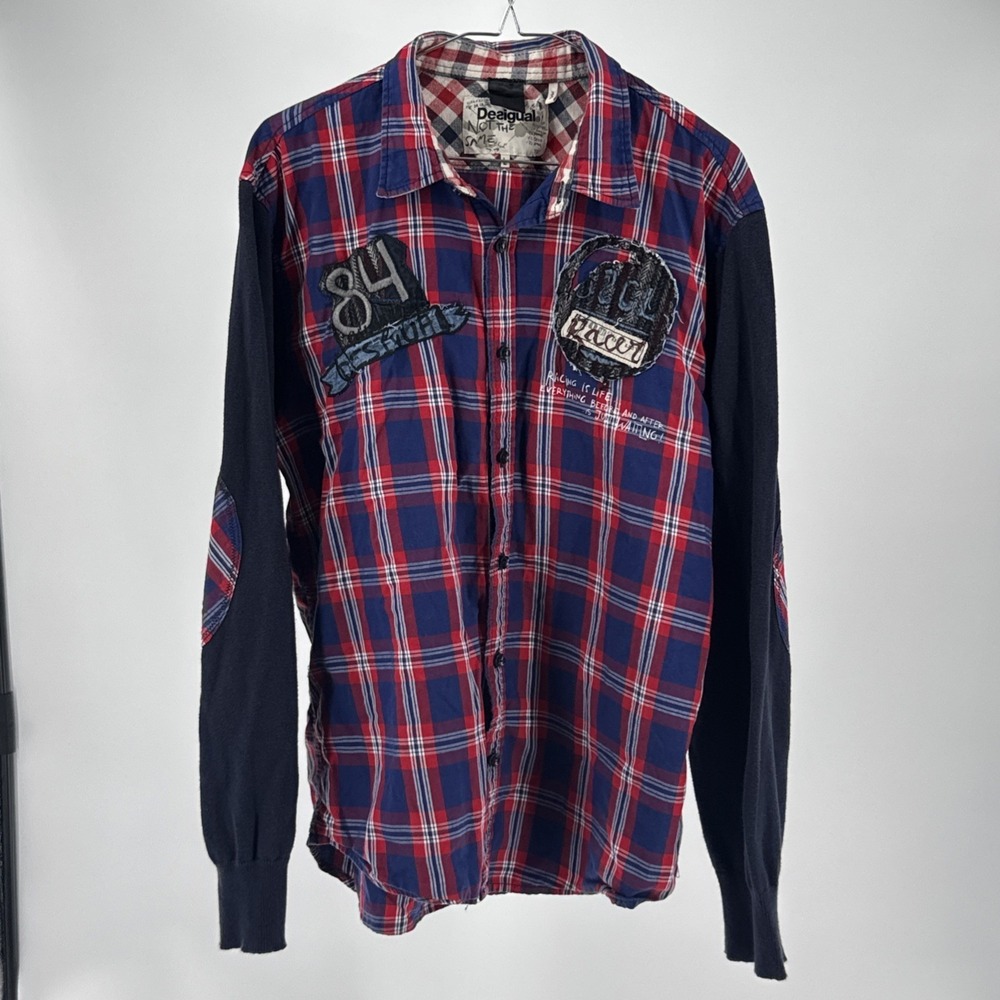 DESIGUAL - RACING THEME Embroidered Plaid ELBOW PATCH Mens L Shirt